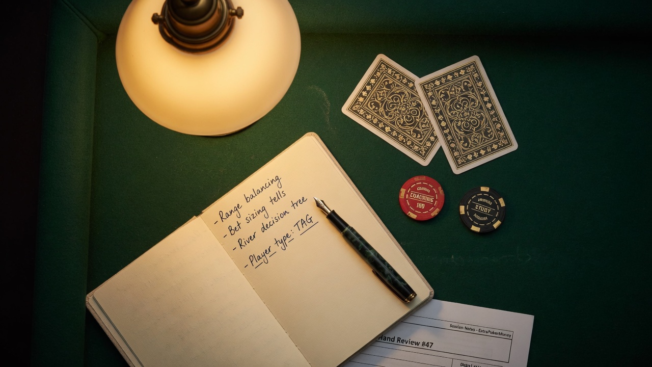 Open notebook of handwritten study notes beside a fountain pen, lamp, playing cards, and chips marked COACHING and STUDY on green baize