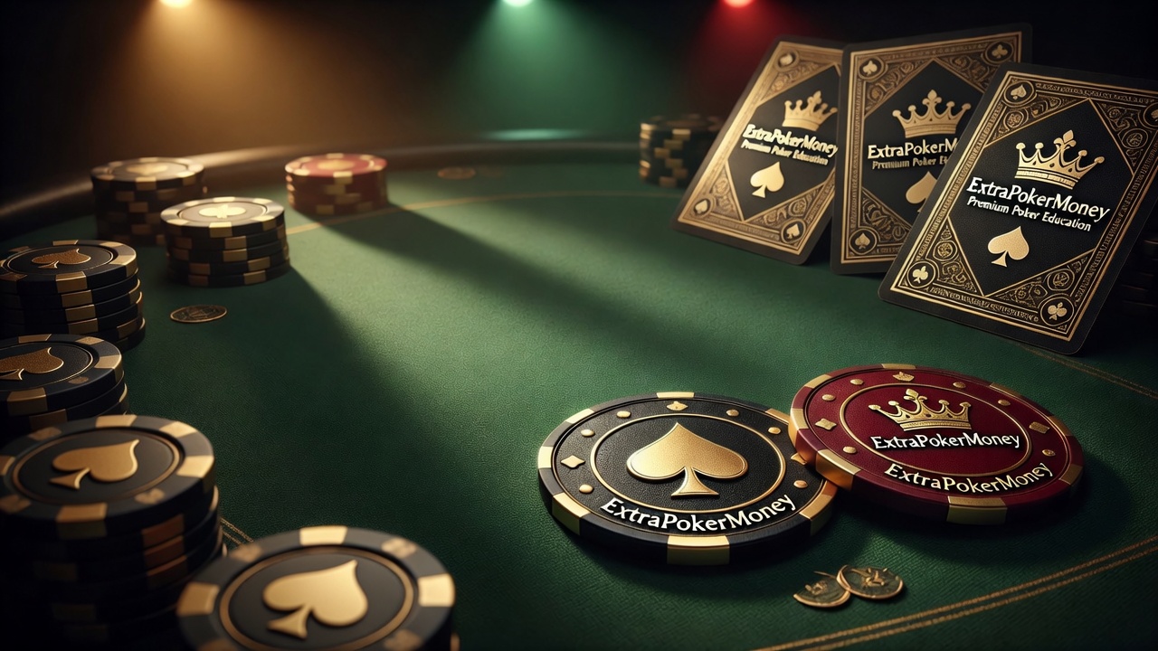 Gold-spade poker chips and ornate card backs on green felt under low table lights, with the ExtraPokerMoney name moulded into the largest chip