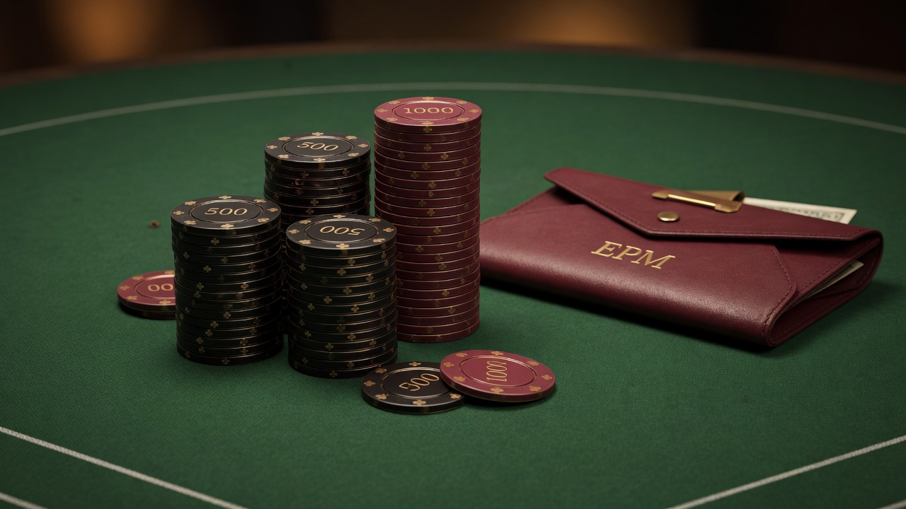 Chip stacks on green felt beside a burgundy leather wallet stamped with a monogram
