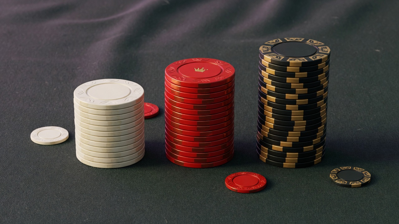 Red, white, and black poker chip stacks on dark cloth, the red stack crowned on its top face